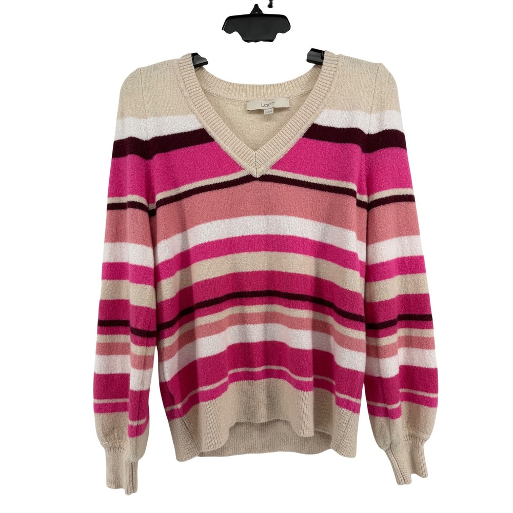 Y2K Loft Womens Pink Striped V-Neck Puff Sleeve Cotton Blend Sweater Size M